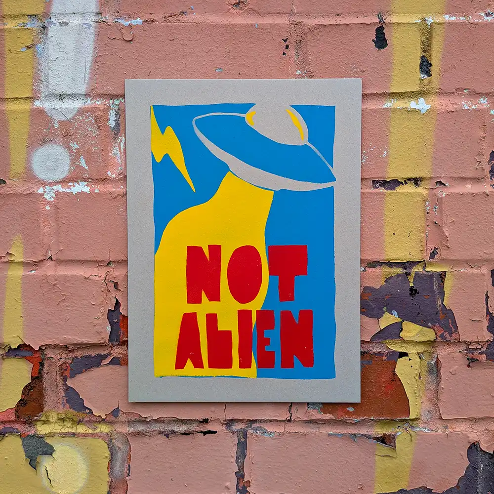 Not Alien – 3-colour spray-paint print on 2 mm greyboard by OKNO
