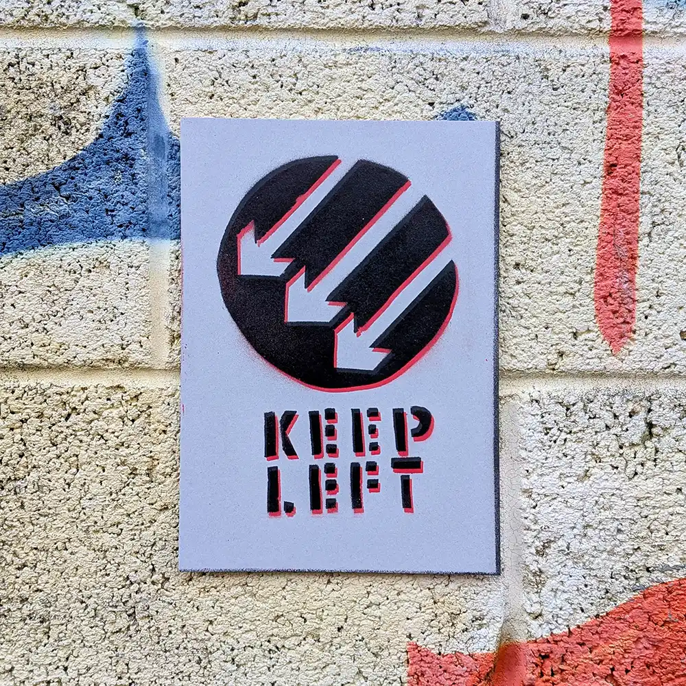 Keep Left – 2-colour spray-paint print on 2 mm greyboard by OKNO