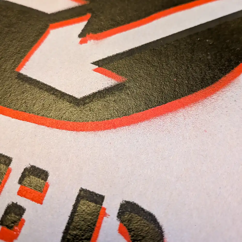 Close-up of greyboard surface on ‘Keep Left’ print