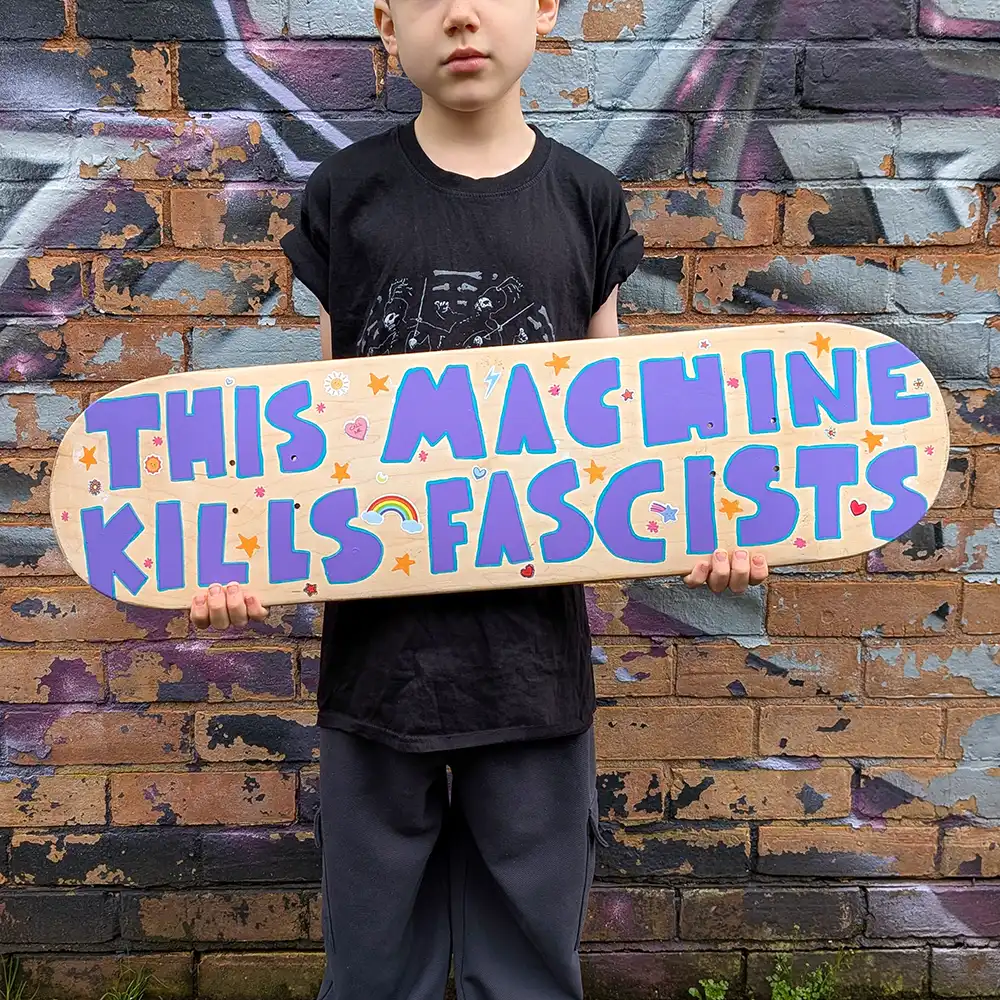 Machine – Acrylic and stickers on reclaimed skateboard deck by OKNO