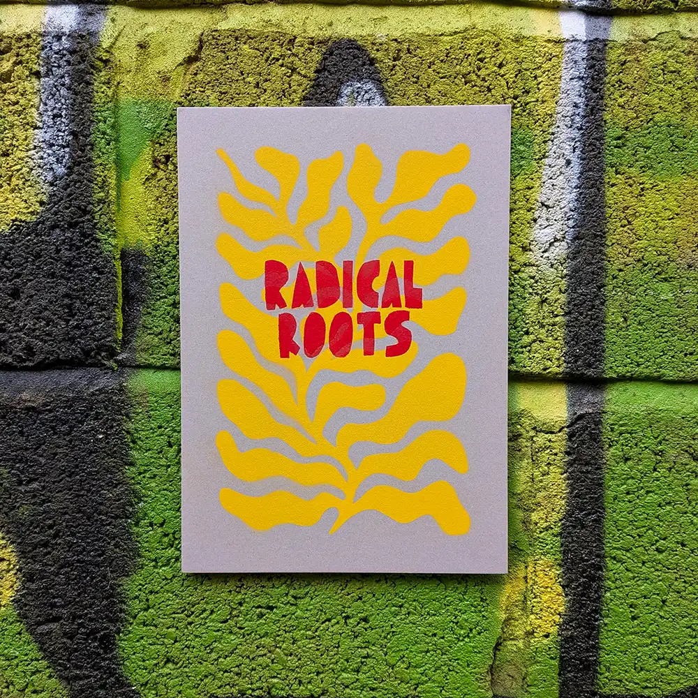 Radical Roots – 2-colour spray-paint print on 2 mm greyboard by OKNO