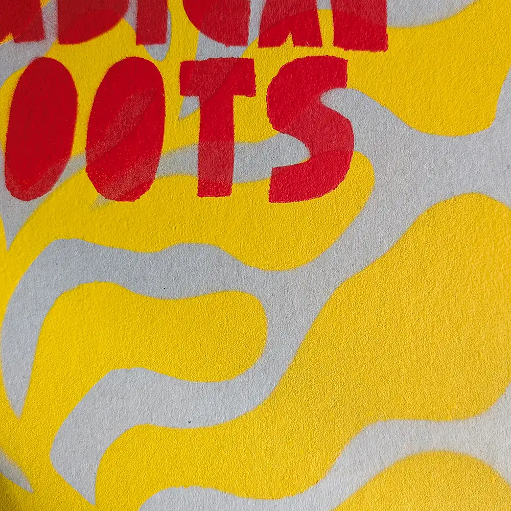 Close-up of greyboard surface on ‘Radical Roots’ print